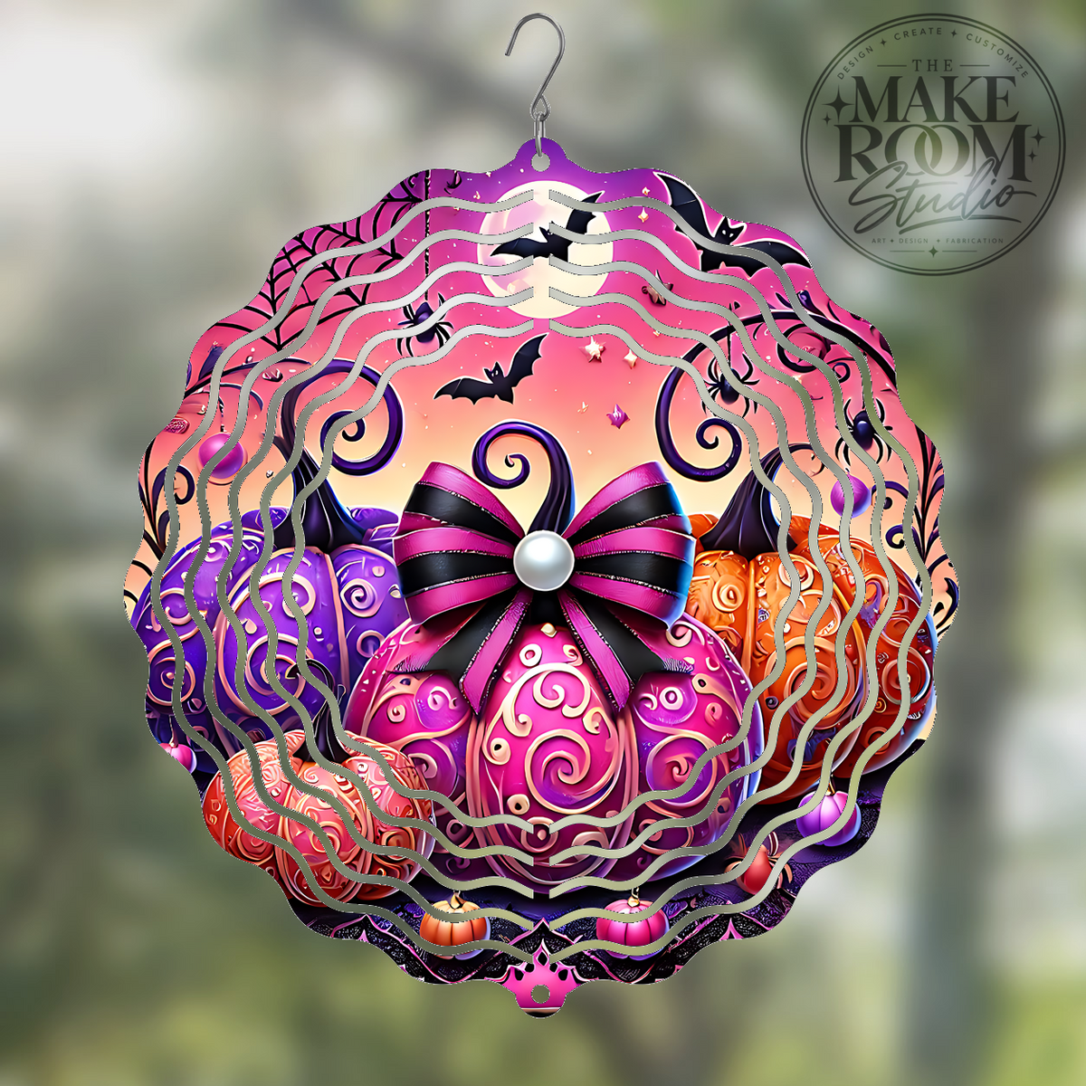 Glam Halloween Pink & Purple Pumpkin Bow Wind Spinner