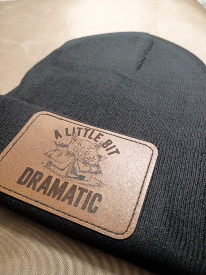 Little Bit Dramatic Cat | Laser Engraved Leather Patch Beanie
