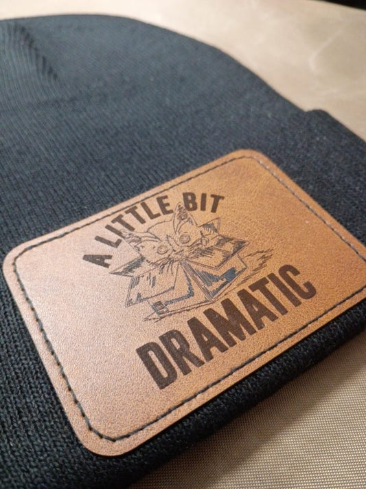 Little Bit Dramatic Cat | Laser Engraved Leather Patch Beanie